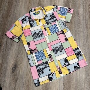 SURF SOCIETY AOP Shirt Mens M Los Angeles Postcard Print Beachcore Button Up